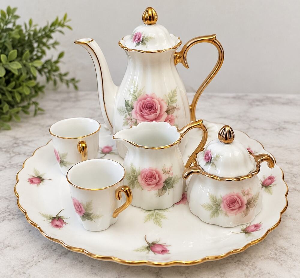 Victorian 10 Piece Porcelain Pink Rose Mini Tea Set With Gold Trim Dollhouse
